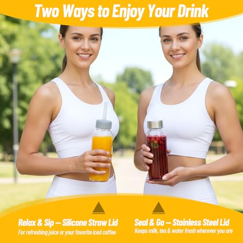10 oz Glass Juice Bottles Set of 6 Leakproof BPA-Free Reusable with Stainless Steel Lids & Straws