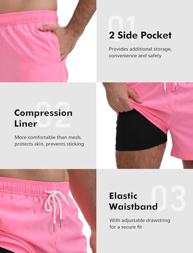 Men's 5 Inch Swim Trunks with Compression Liner - Large Black Bathing Suit