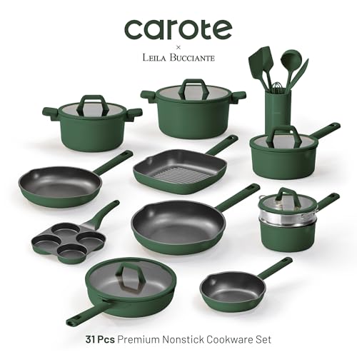 Green Nonstick 31-Piece Cookware Set with Titanium Coating & Lids - CAROTE