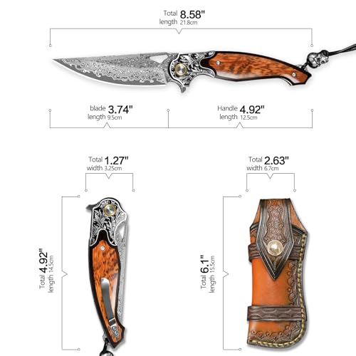 Damascus Steel Folding Pocket Knife with Leather Sheath - Outdoor EDC Tool