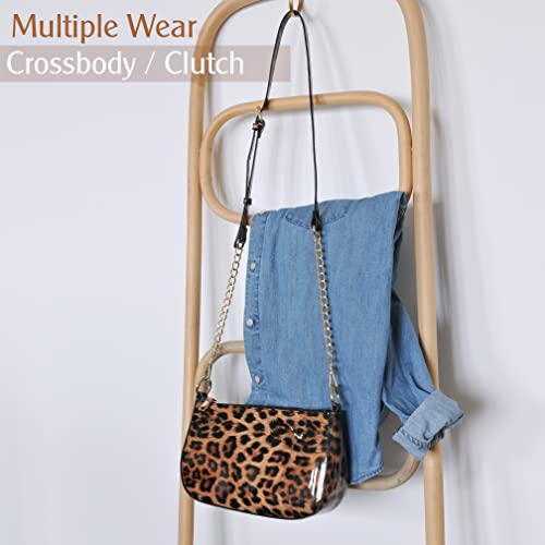 Brown Leopard Glossy Patent Vegan Leather Shoulder Bag - 90s Clutch Purse for Women