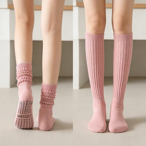 Pilates Socks with Grips for Women - Yoga Barre Slouch Scrunch Socks - White, Black, Khaki, Gray, Pink, Beige - Variation 2