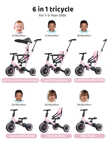 Pink 6-in-1 Toddler Tricycle Bike for 1-3 Years - Adjustable & Safe