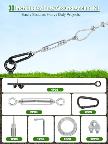 Hangner 4-Piece 30-Inch Heavy Duty Ground Anchor Kit with Galvanized Cable & Turnbuckles for Sheds, Greenhouses, Trampolines, and Outdoor Structures