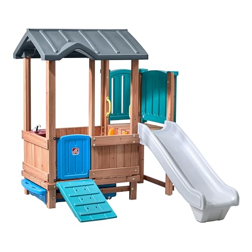 Wooden Kids Playhouse with Slide & Swings Outdoor Playground Set