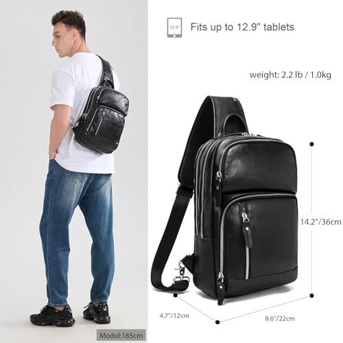 LANNSYNE Black Full Grain Leather Sling Bag for Men - Fits 12.9-inch iPad Crossbody Chest Pack