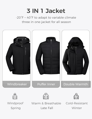 Wantdo Women's 3-in-1 Ski Jacket Plus Size Winter Snowboarding Coat Black 3X
