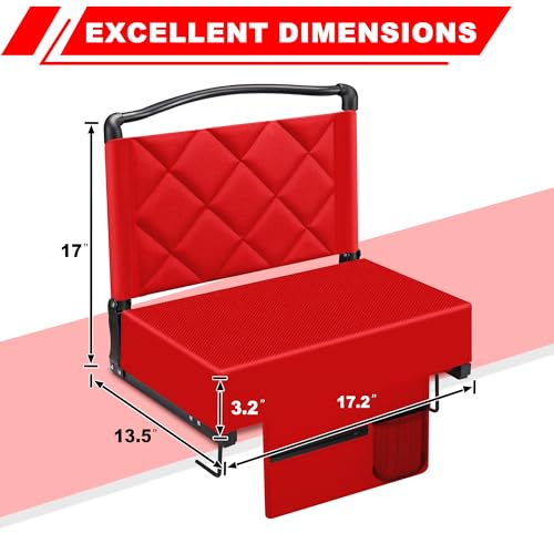 Portable Stadium Seat with Back Support & Cushion, Foldable Bleacher Chair with Cup Holder & Storage
