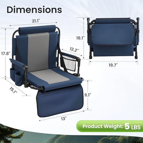 2 Pack Portable Stadium Seat with Cup Holders & Armrests, Foldable Bleacher Chair with Back Support, Blue & Gray