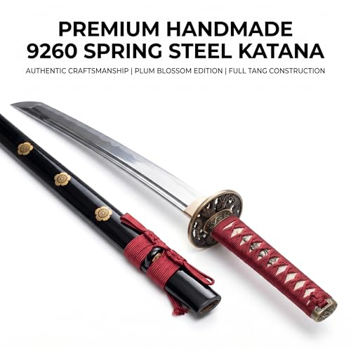 Red Handmade Samurai Katana Sword - Full Tang, Clay Tempered Spring Steel, Plum Blossom Design, for Practice & Collection