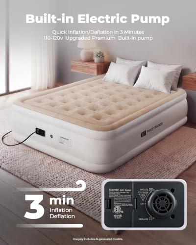 Full Air Mattress with Built-In Pump - 18-Inch Raised Inflatable Bed for Guests & Outdoor, Off-White Khaki - Variation of THIS listing
