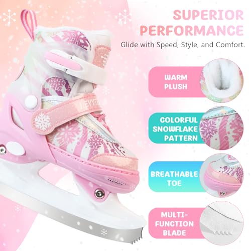 Pink Adjustable Kids Ice Skates with Fleece Lining & Snowflake Pattern - Medium (US 13C-3Y) Big Kids