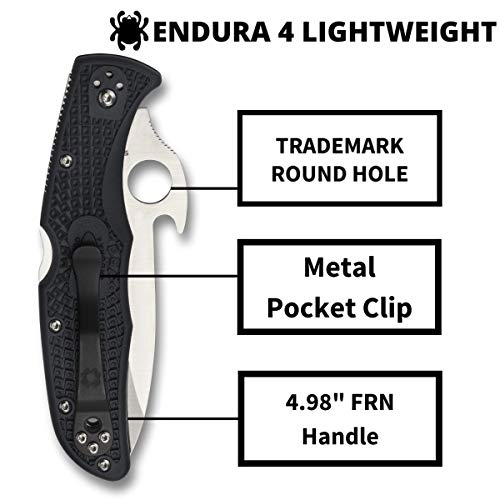 Spyderco Endura Lightweight Folding Pocket Knife with Black Handle - 3.9" PlainEdge