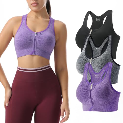 Women’s Seamless Wireless Medium Support Sports Bras – Large, Black Purple Grey