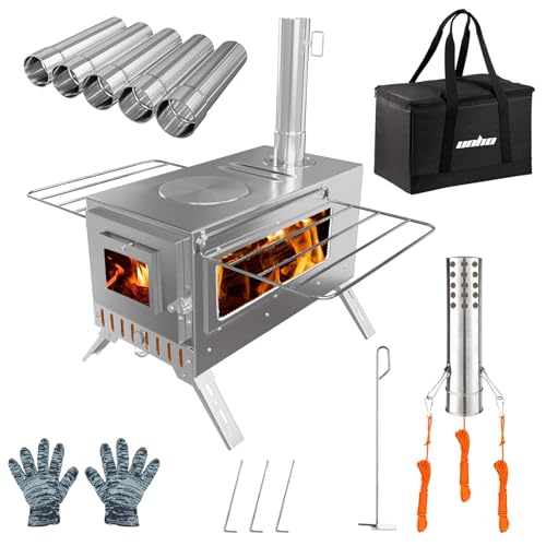 Unho Stainless Steel Camping Stove with Large Glass Window - Crack-Resistant Ceramic Outdoor Heater