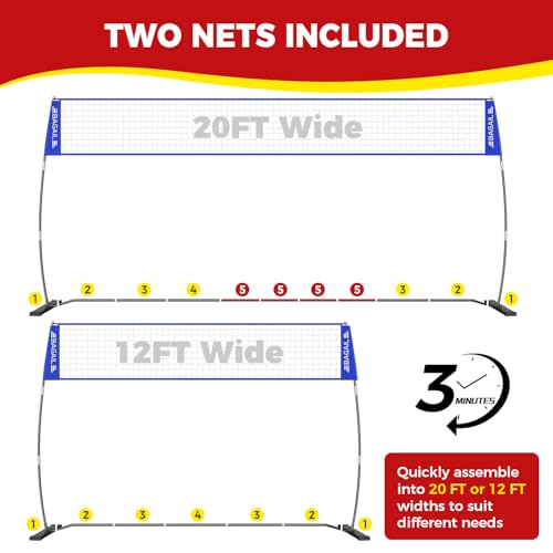 BAGAIL 12ft / 20ft Portable Volleyball Net with Adjustable Height - Blue, Heavy-Duty Frame & Carry Bag