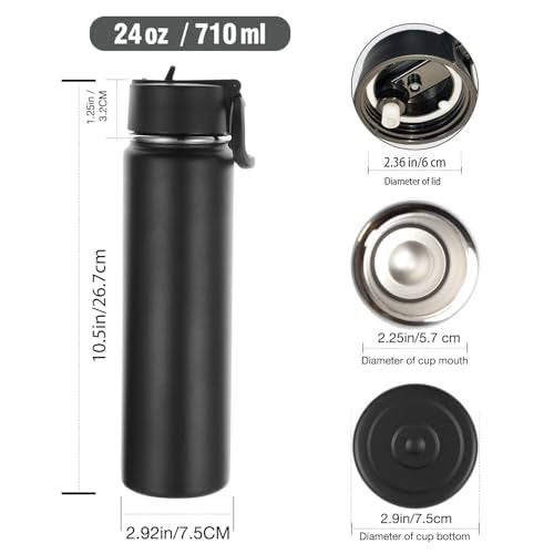 8-Pack Insulated Water Bottles 24oz with Straw Lid - Black