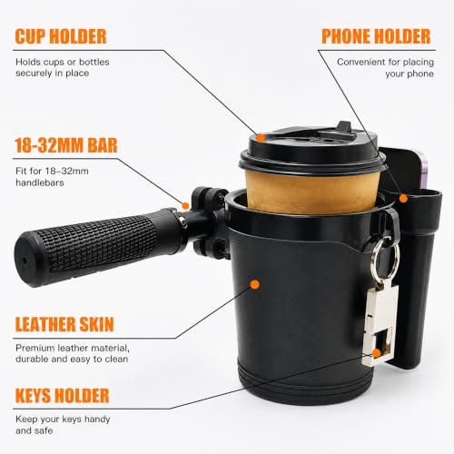 Bike Cup Holder with Phone & Keys - Handlebar Water Bottle Cage for E-Bike Scooter Stroller