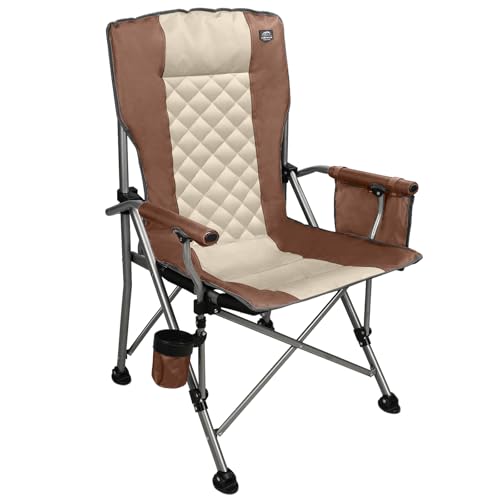 LANMOUNTAIN Moca-Padded Folding Camping Chair with Hard Armrest & Cup Holder, Heavy Duty Support up to 400lbs