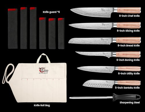SYOKAMI 14-Piece Chef Knife Set with Pakkawood Handles & Travel Roll Bag - Beige