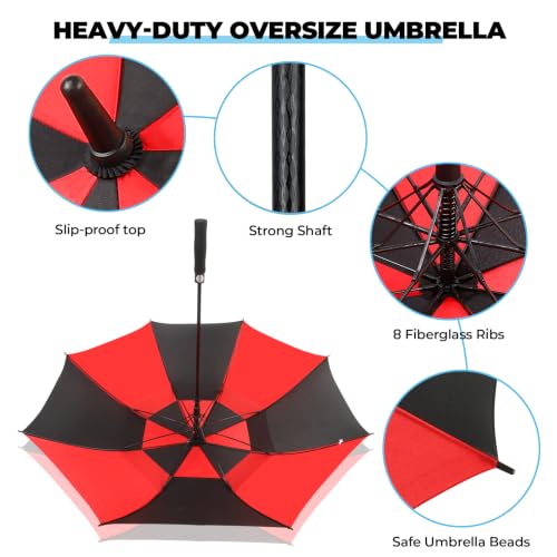 Golf Umbrella 54-72 Inch Windproof Waterproof Double Canopy Auto Open Black/Red 72 Inch