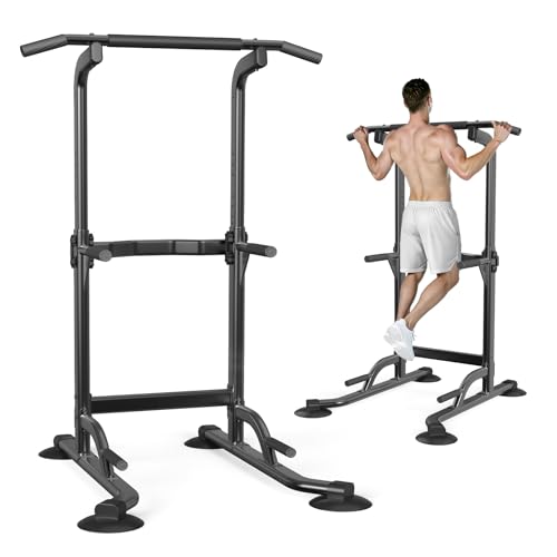 Black Free Standing Pull Up Bar with Dip Station & Adjustable Height - Heavy Duty Fitness Equipment