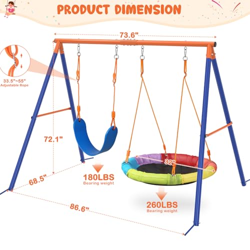 Double Swing Set for Backyard - 32" Saucer & Belt Seat - 440 lb Capacity