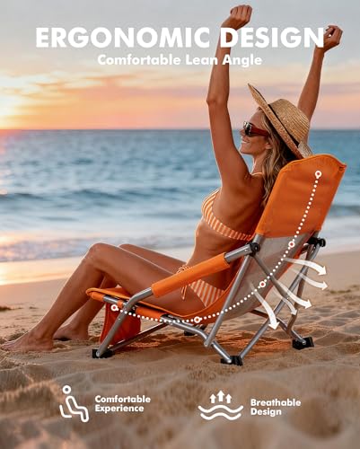 AKSOUL Orange Folding Beach Chair for Adults - Wide Seat, Low & High Back, Pack of 2