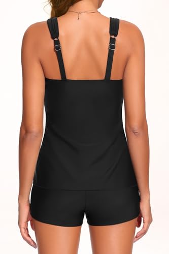 Women's Flowy Tankini Swimsuit with Tummy Control & Pocket Shorts - Medium Black