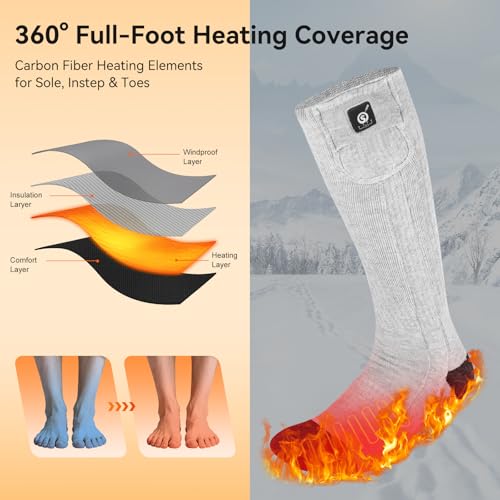 Large Grey Heated Socks for Men & Women with 3 Heat Levels, Up to 10 Hours Battery-Powered Warmth