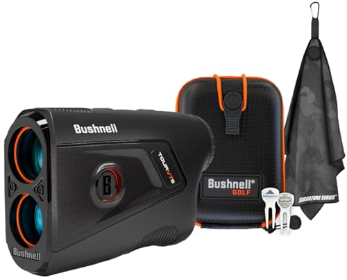 Bushnell Tour V7 Shift Laser Rangefinder Patriot Pack with Towel Bundle - 1300 Yard, Slope Tech, Magnetic Mount, Dual Display