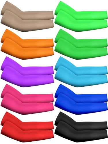 Kids UV Protection Arm Sleeves - 10 Pairs Ice Silk Cooling Sun Sleeves for Ages 8-12, Cute Colors