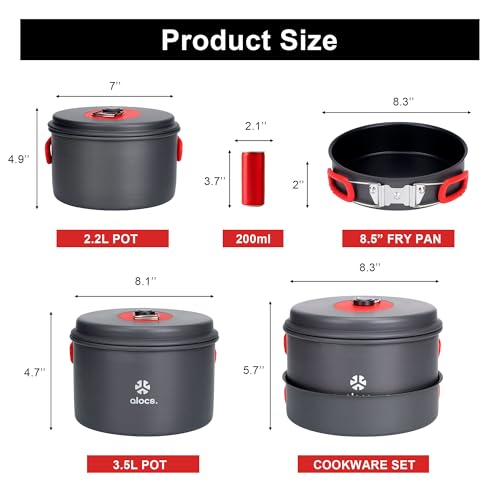 ALOCS Camping Cookware Set 3.5L + 2.2L Pots and 21.6cm Frying Pan - Lightweight Portable Kitchen for 4 People