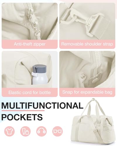 Gym Bag for Women - Medium Light Beige Travel Duffle with Trolley Sleeve
