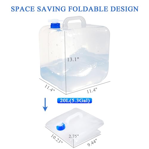 Collapsible Water Container 20L/5.3 Gallon Pack of 2 with Spigot & Hook - BPA Free Folding Water Jug for Camping Hiking Survival
