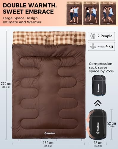 KingCamp Double Sleeping Bag for Adults - Queen Size, Coffee, 2 Person