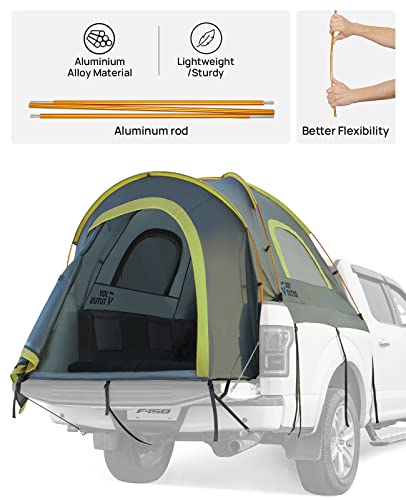JOYTUTUS 5-5.2 Ft Gray Green Pickup Truck Tent Waterproof Double Layer for 2 Person, Aluminum Poles
