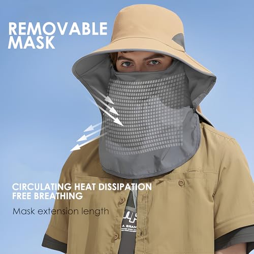 Outdoor Sun Hat with Detachable Neck Face Flap UPF 50+ UV Protection - One Size Khaki