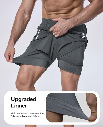 Men's 2-in-1 Running Shorts 5 Inch Gym Athletic Workout Shorts with Liner & Zipper Pockets - 3 Pack, Large - Black, Dark Grey, Light Grey