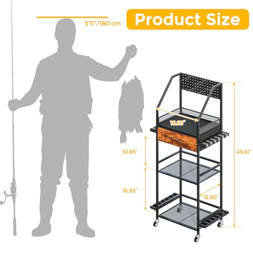 Single Row Fishing Rod Holder Organizer with Fabric Drawer & Pegboard - Modern Design