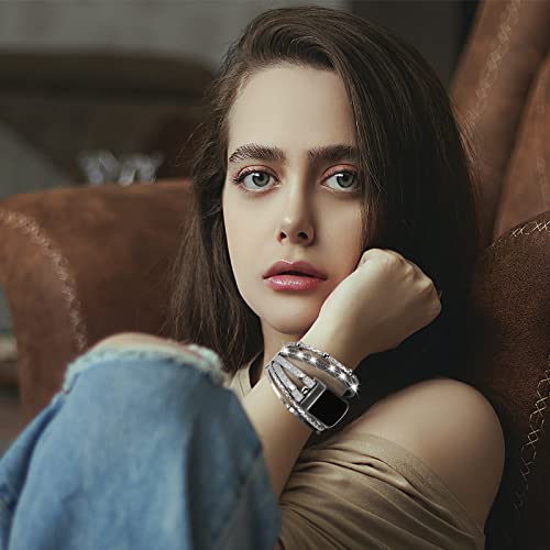 Leather Bands Compatible with Fitbit Charge 5/6 Silver Multilayer Wrap Bracelet for Women
