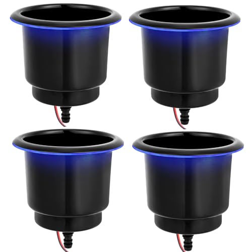 Stainless Steel Boat Cup Holder with Light & Drain - Black Coated 4 Pack