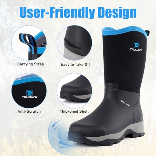 Trudave Men's Black Rubber Rain Boots with Steel Shank, Waterproof Insulated Mid-Calf Work Boots 5.5mm Neoprene, Size 11