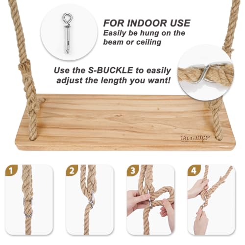 Premkid Raw Wood Hanging Tree Swing with Adjustable Hemp Rope & Tree Straps