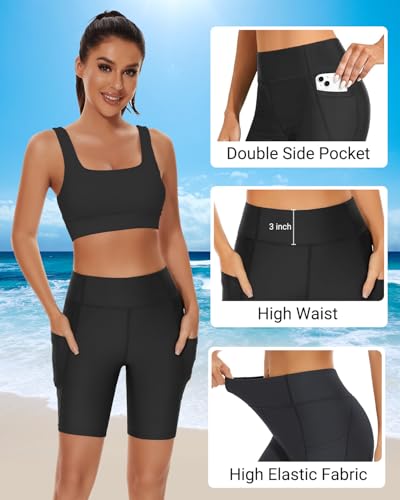 Women High Waisted Swim Shorts X-Large Black Tummy Control Bathing Suit with Pockets