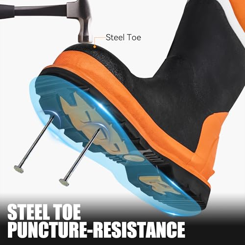 Men's Steel Toe Waterproof Work Boots - Puncture-Resistant Safety Shoes, Black/Orange, Size 9