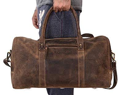 KomalC Buffalo Distressed Tan Leather Travel Duffle Bag - Cabin Carry-On for Men & Women