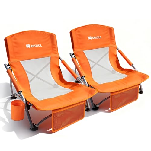 AKSOUL Orange Folding Beach Chair for Adults - Wide Seat, Low & High Back, Pack of 2