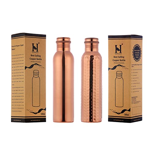 Pure Copper Water Bottles Set of 2 1000ML Unlined Lacquer-Free Ayurveda