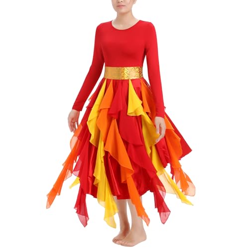 IDOPIP Metallic Praise Dance Dress for Women - Medium Red Asymmetric Ruffle Overlay Worship Costume